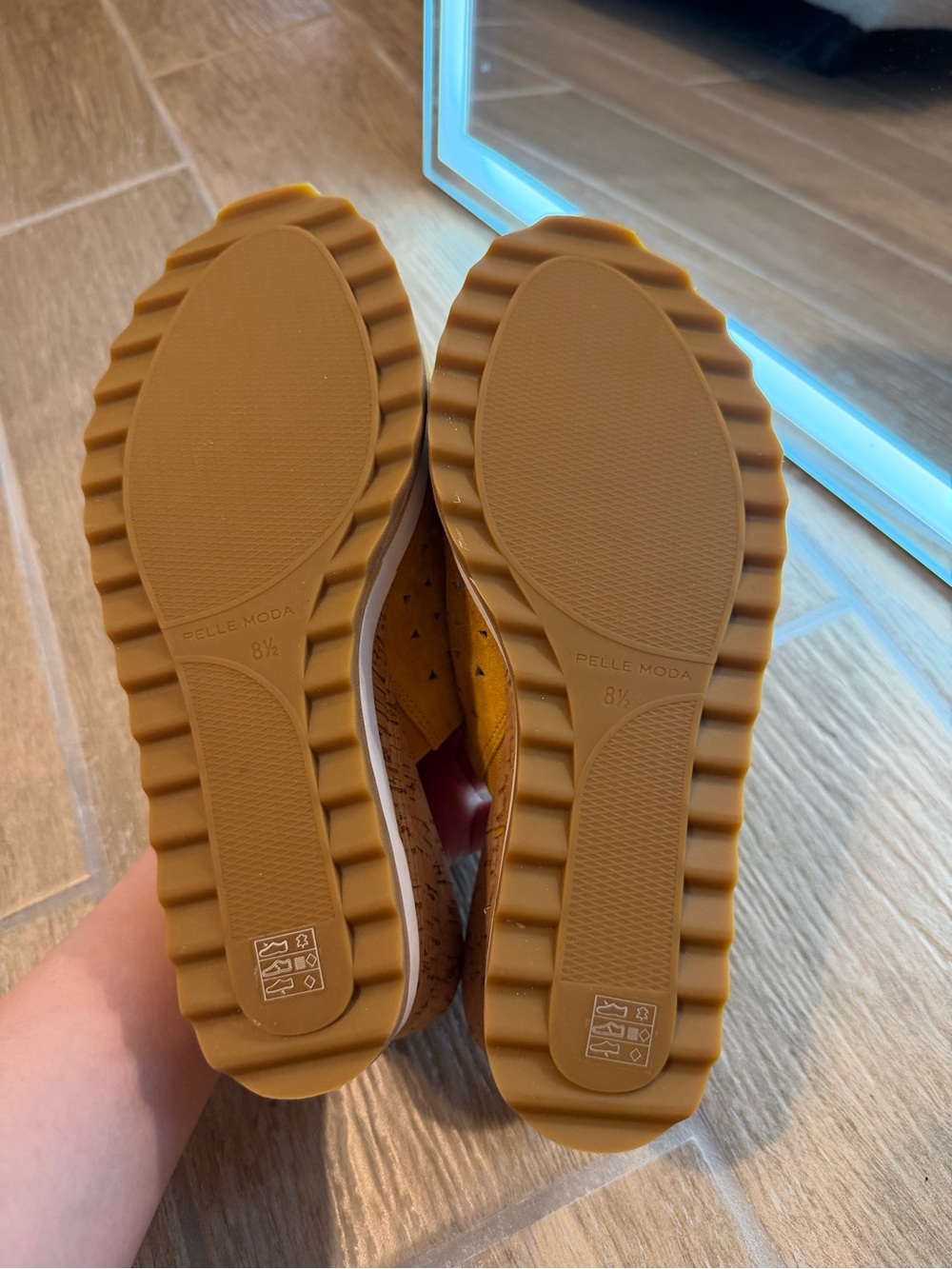 Pelle Moda Mustard Yellow Perforated Wedge Slide - Picture 2 of 5